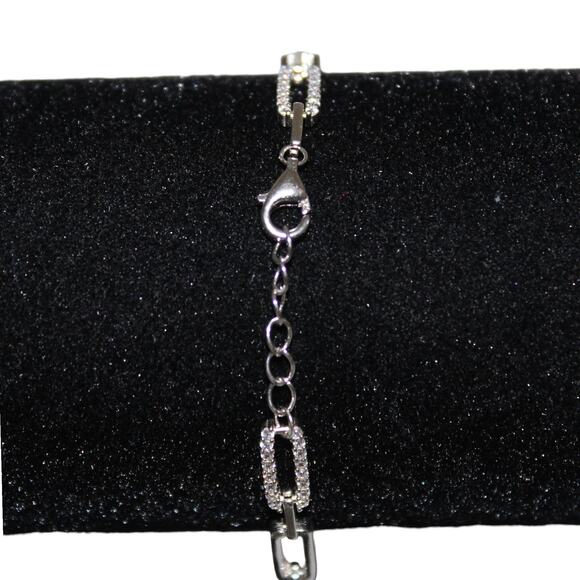 925 Sterling Silver Bracelet Rectangle Link w/ Rhinestones - Picture 6 of 6